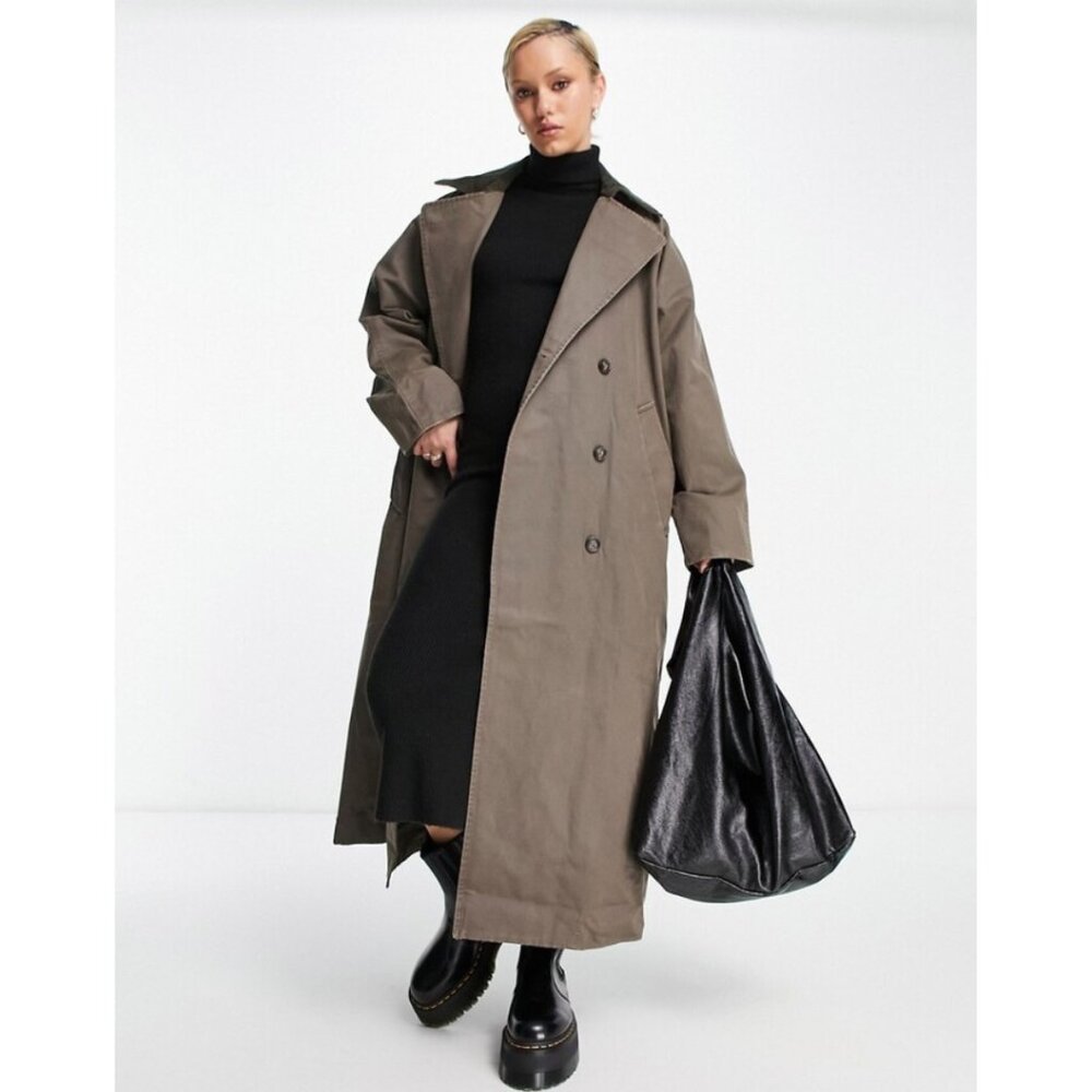 Weekday Oversized Long Trench Coat in Taupe